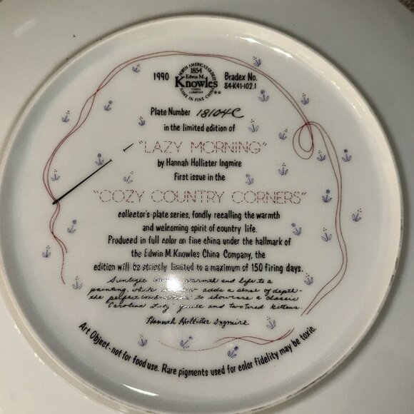 LAZY MORNING Plate COZY COUNTRY CORNERS Hannah Hollister Ingmire Kittens Quilt - Picture 2 of 3